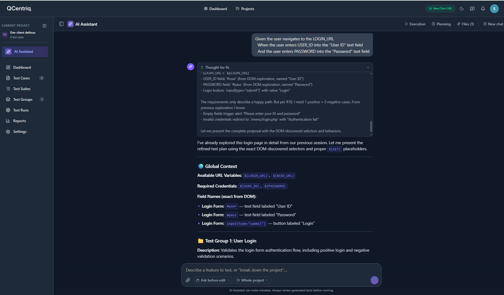 QCentriq AI Assistant generating a login test plan from a plain-English description